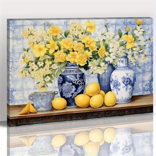 Peinture jaune floral citron pour cuisine chaleureuse | Toile 50x95 cm