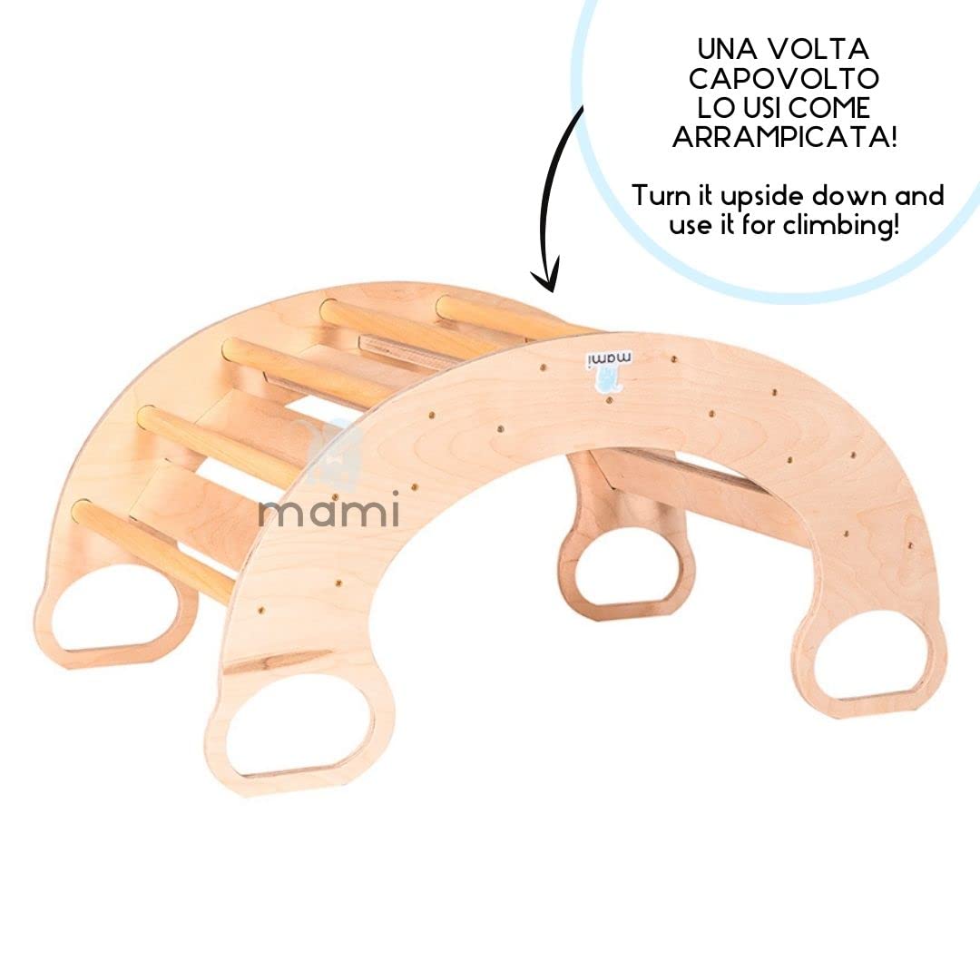 mamikids Rainbow Rocker - Dondolo e Arco Montessoriano per Bambini con Scivolo Incluso, Arco Montessori con Arrampicata per Bambini in Legno Naturale, Giochi Educativi Regalo Bambino - Made in Italy