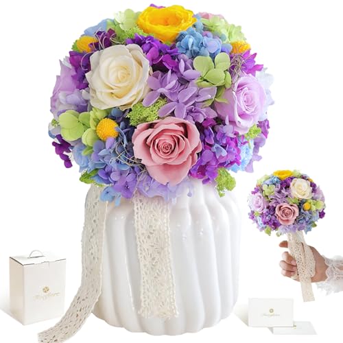 Fiorifiore プリザーブドフラワー ブーケ 陶器花瓶付き カラフル ローズ 上質 フラワーギフト 誕生日 昇進祝い 開店祝い Master Light（Amazon）
