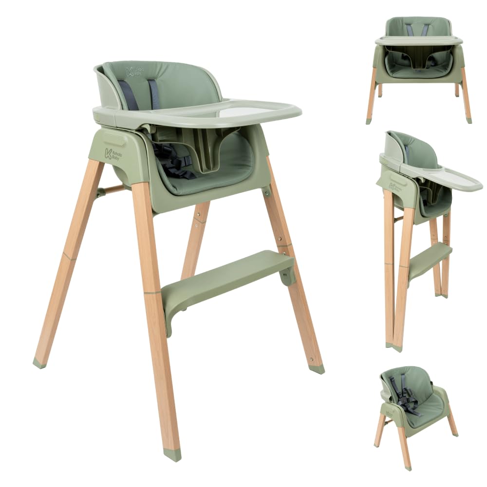 DEVESSPORT Trona 2 en 1 Plegable y Evolutiva (6 a 60 Meses) - Silla Alta Convertible con Montaje Sin Herramientas, Bandeja Extraíble, Cojín Lavable y Estructura de Acero Lacado - Verde