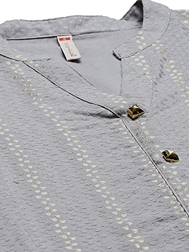 Image of Juniper Grey Solid Cotton Dobby A-Line Kurta with Buttons for Women
