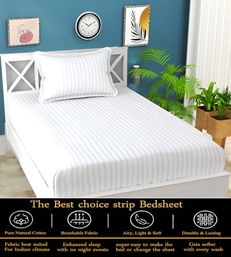 Image of 220 Cotton Feel Glace Cotton 1 Single Bedsheet with 1 Pillow Cover (90X60 Inch) White