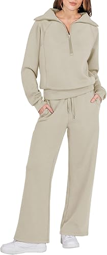 Caracilia Conjunto deportivo de dos piezas para mujer, sudadera de gran tamaño con cremallera de un cuarto, pantalón de pierna ancha, conjunto de