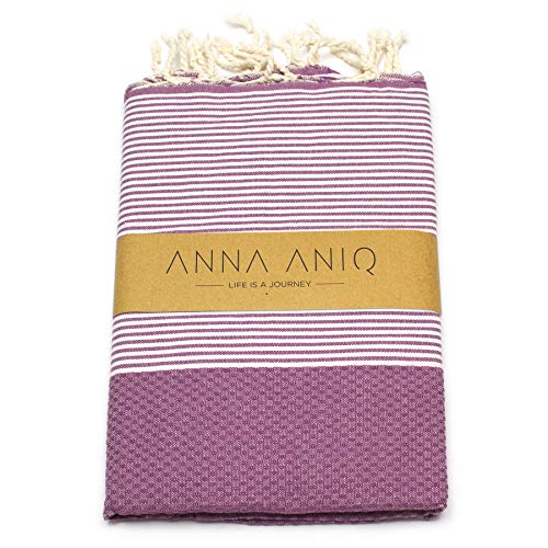 ANNA ANIQ Fouta Hamamtuch Saunatuch XXL Extra Groß 100x200cm - 100% Baumwolle aus Tunesien als Strandtuch, orientalisches Bade-Tuch, Yoga-Decke, Pestemal, Strand-Handtuch (Violett) Cover