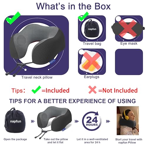Image of napfun Neck Pillow for Traveling, Upgraded Travel Neck Pillow for Airplane 100% Pure Memory Foam Travel Pillow for Flight Headrest Sleep, Portable Plane Accessories, Charcoal Black