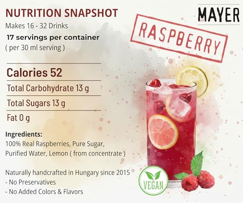 Image of Mayer Raspberry Syrup for Drinks, Coffee, Cocktail & lemonade, 16.9 Fl Oz | Award-winning. Nothing artificial. For cocktails, mocktails, lemonade, snow cone & desserts. Vegan, gluten-free.