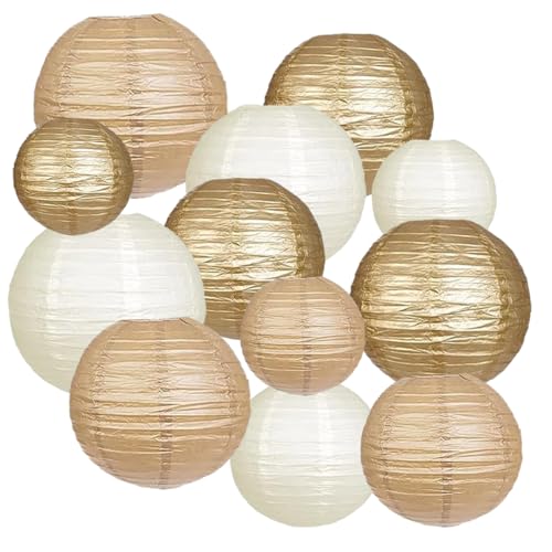 12 Lanternes en Papier Doré,Crème et Kaki - Décoration Parfaite pour Mariages, Anniversaires, Fêtes Prénatales et Jardins