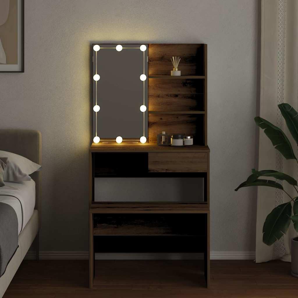 Set Toeletta con LED Rovere Artigianale in Legno Multistrato con Sgabello