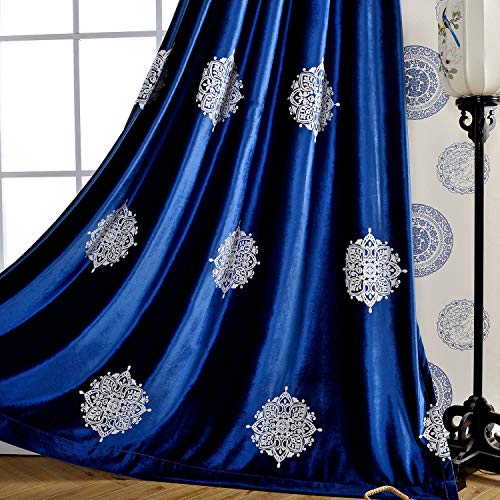VOGOL Blackout Velvet Curtains 96 Inches Long for Bedroom, White Flowers Embroidered Room Darkening Window Drapes for Living Room, 52x96, 2 Panels, Dark Blue