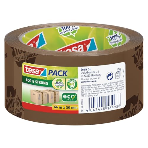 tesa tesapack Eco & Strong - Umweltschonendes Paketband aus 100% recyceltem Kunststoff, UV- und alterungsbeständig - Braun bedruckt - 66 m x 50 mm