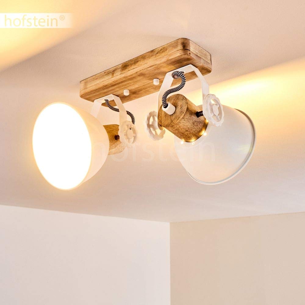 Plafoniera Orny, 2 luci, con faretti orientabili, plafoniera in metallo/legno in bianco/marrone, 2 x attacco E27, faretto dal design retro/vintage,senza lampadina/e