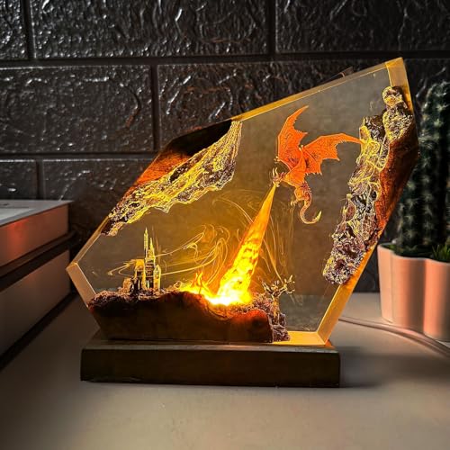 Epoxy Resin Lava Dragon Lamp, Handmade Art Piece 3D Fire Dragon Statue,RGB Table Lamp for Room Office Decor,Birthday Christmas Gift for Gamers,Men,Fantasy Fans (M,8'x5')