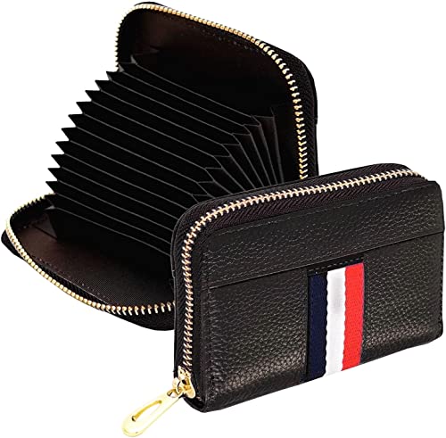 Image of HIGH TRUSTED Smart 12 Card Slots Leather Credit Card Holder, Small Zipper Card Case Wallet for Women & Men (Black)