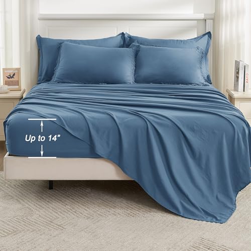 Image of Andency Queen Comforter Set with Sheets Sea Blue - 7 Pieces Boho Tassel Bed in a Bag Soft Lightweight Bedding Sets, Fringe Bed Set with Comforter, Sheets, Pillowcases & Shams