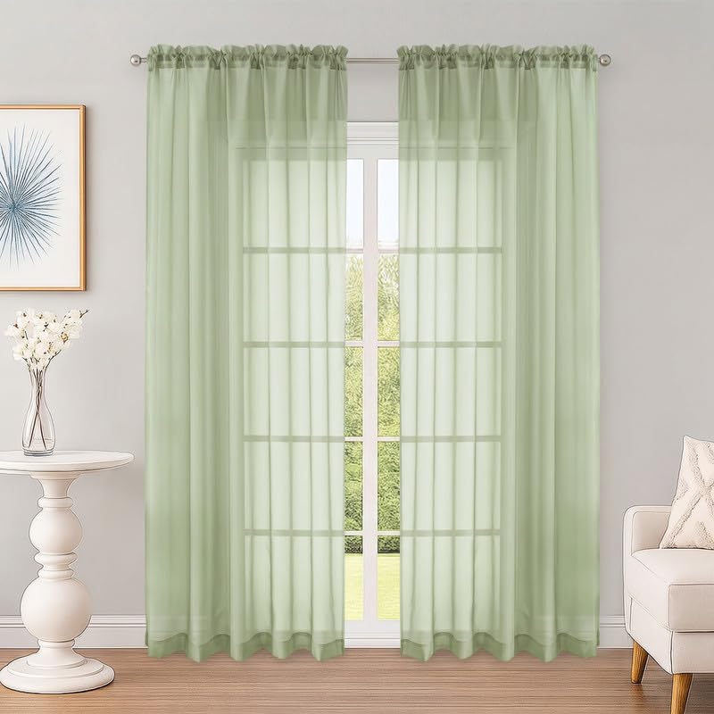 OWENIE Light Green Sheer Curtains 84 Inch 2 Panels for Living Room 59" Wide