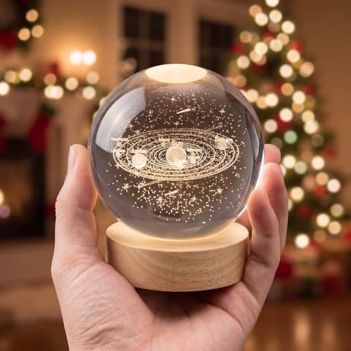 Image of 3.15 inch (80mm) Solar System Crystal Ball 3D Sun System Planets Model Globe with Wooden Base Home Decorative Ornament Astronomy Gifts for Lover Girlfriend