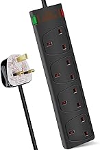 ExtraStar 4 Way Extension Lead with Surge Protection, 13A/250V~ Multi Sockets Power Strips, 3120W Fused UK Plug Wall Mounted Power Socket with 1M Extension Cord-Black