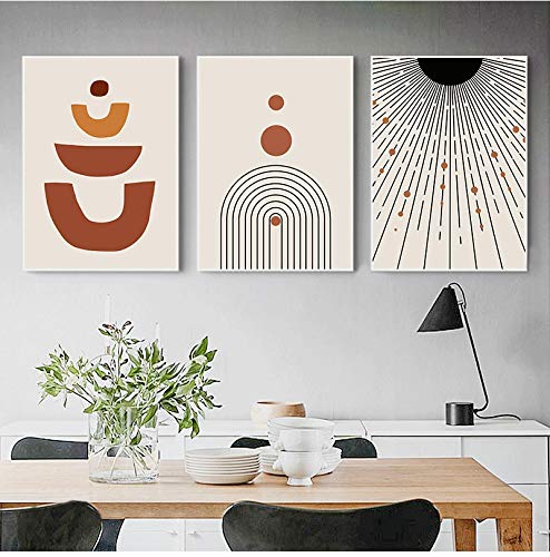 Toile Peinture Abstrait Rayures Géométriques Style Milieu du Siècle 3 Pièces