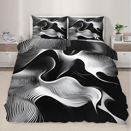 QINYUN Black White Duvet Cover Oversized Queen, Modern Abstract Bedding Set 3 Piece Bedroom Decor Trippy Psychedelic Comforter Cover and 2 Pillow Sham with Zipper Closure