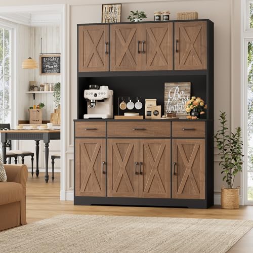 Image of HOSTACK 71 inch Tall Kitchen Pantry Cabinet, 55 inch W Kitchen Hutch, Brown /Black | Large Pantry Starge Cabinet with Charging Station / Countertop / Drawer, Farmhouse Hutch Cabinet with Storage for Dining Room