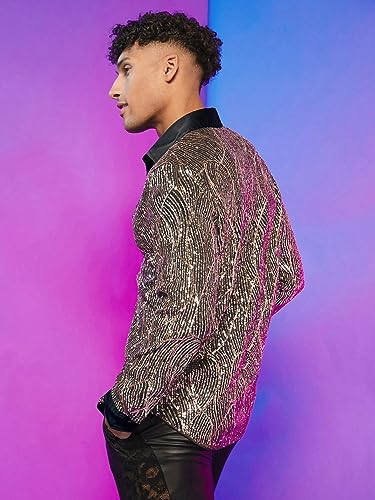 WDIRARA Men's Button Front Long Sleeve Contrast Collar Sequin Shirt Metallic Party Club Tops4