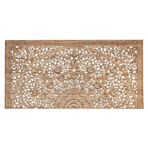 Rectangular King Size Bed Headboard, Wall Mounted Hanging Wooden Panels, Hand Carved Teak Wood Furniture, Rustic Brown Color, 76x38 inches