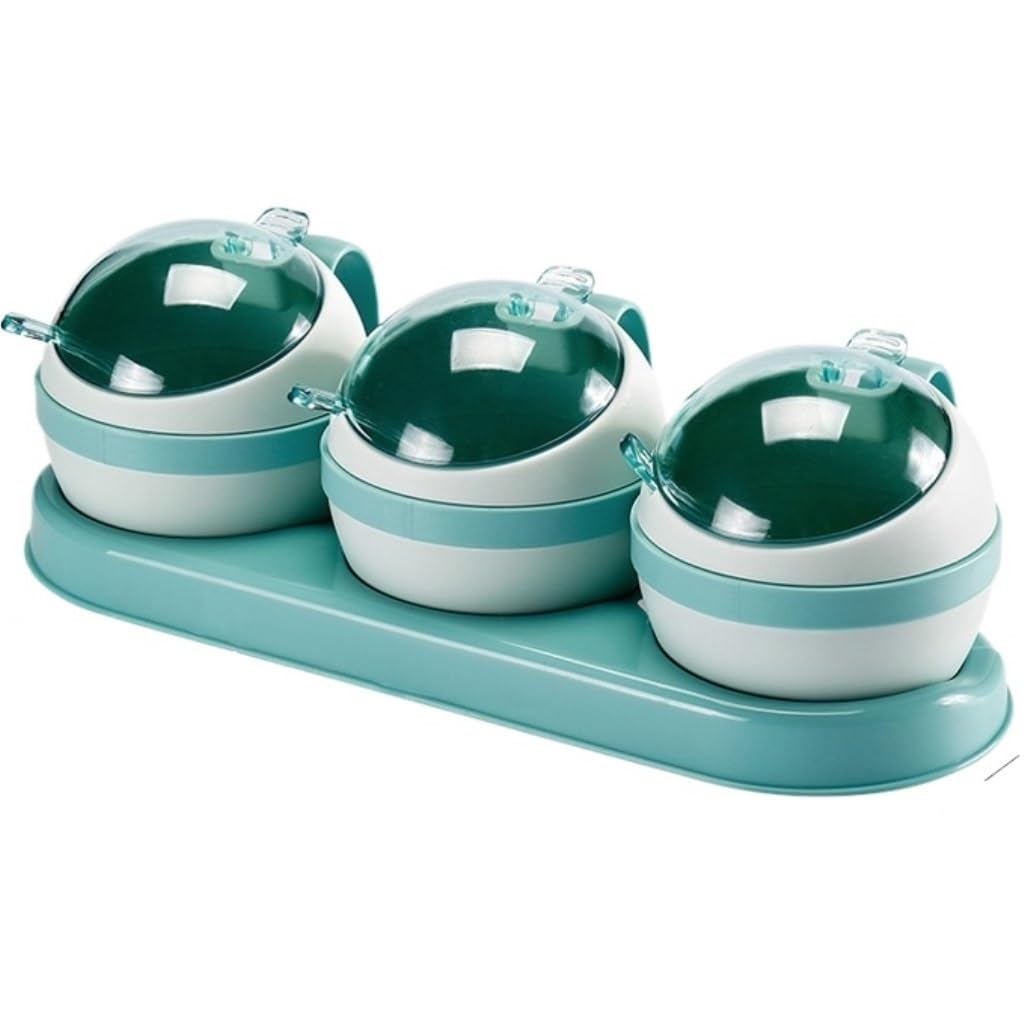 SAeWare Juego de recipientes de especias de plástico para condimentos de cocina con tapa de cuchara, contenedor de condimentos para cocina, encimera de cocina, azul, 3 piezas