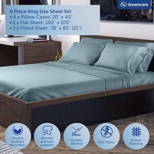 Image of DREAMCARE King Size Sheets Set - 6 pcs Breathable Cooling Sheets King Size | up to 21 inch Extra Deep Pocket King Sheet Set with Side Pockets - Extra Soft 100% Double Brushed Hotel Luxury Bedding -Mnrl Blue
