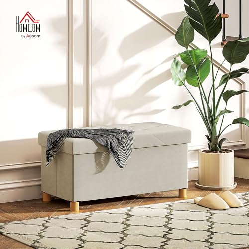 HOMCOM Puff Almacenaje, Banco Almacenaje Plegable, Capacidad de 67 L, 76x38x38 cm, Tapizado en Terciopelo, Baúl de Almacenamiento Dormitorio, Carga 120 kg, para Sala de Estar, Entrada, Crema - imagen 2
