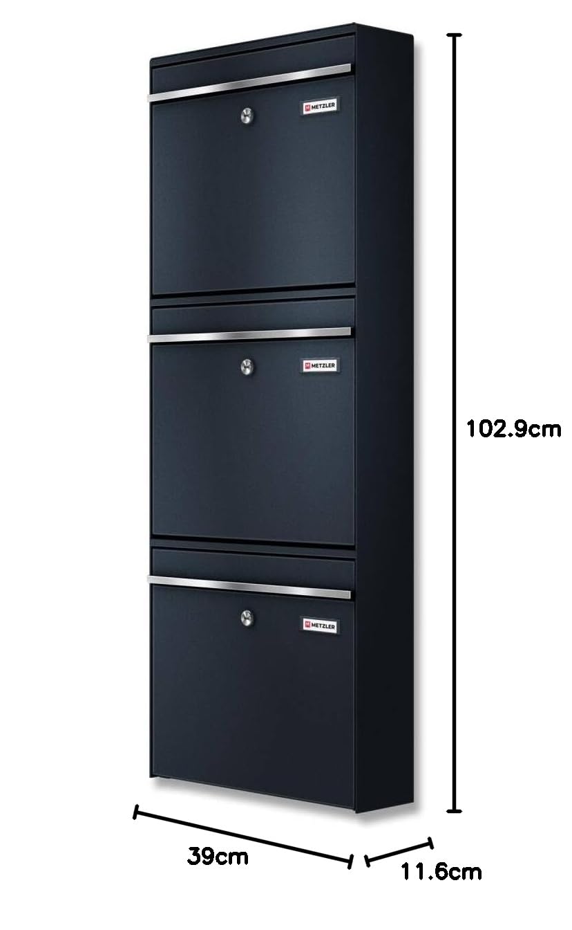 Metzler XXL dreifach Briefkasten für 3er Familienhaus aus massivem Stahl in Anthrazit RAL 7016 - mit austauschbarem namensschild - Wandmontage - 780 x 687 x 116 mm - Vertikal Bk212