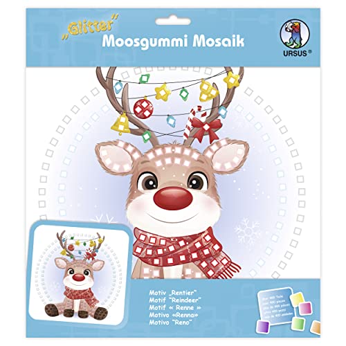 Ursus 8420020 - Glitter Moosgummi Mosaik-Bild Rentier, Bastelset für ein Klebebild aus Moosgummi-Stickern, ca. 25 x 25 cm mit Aufsteller, Mittel