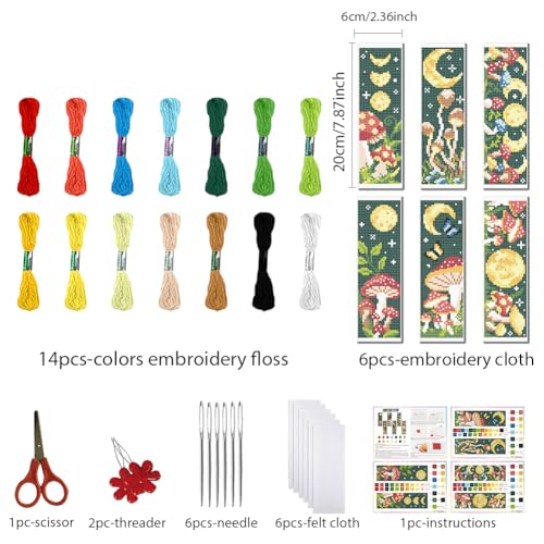 Image of FREEBLOSS 6 Set Cross Stitch Bookmark Kit Stamped Cross Stitch Kit Mushroom Bush Embroidery Set with Instruction for Adults 8''*2.4''