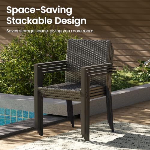 Image of Amopatio Stackable Wicker Chairs, Patio Dining Chairs Set of 2, All-Weather Breathable Outdoor Dining Chair, Steel Frame, Armchair w /Armrests, for Garden, Porch, Deck, Poolside, Fire Pit, Black