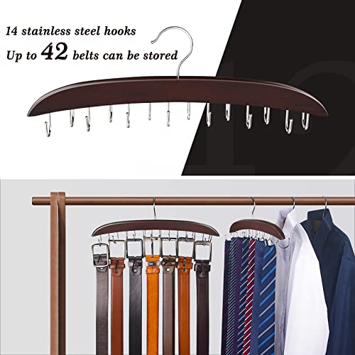 Belt Hanger, 14 Hooks Belt Holder For Closet, Wooden Tie/Belt Rack For Storage, 360°Rotating Belts Organizer For Closet Space Save Organizer For Tie, Tank Top, Scarf-Walnut Wood With Chrome Hooks #TOP1