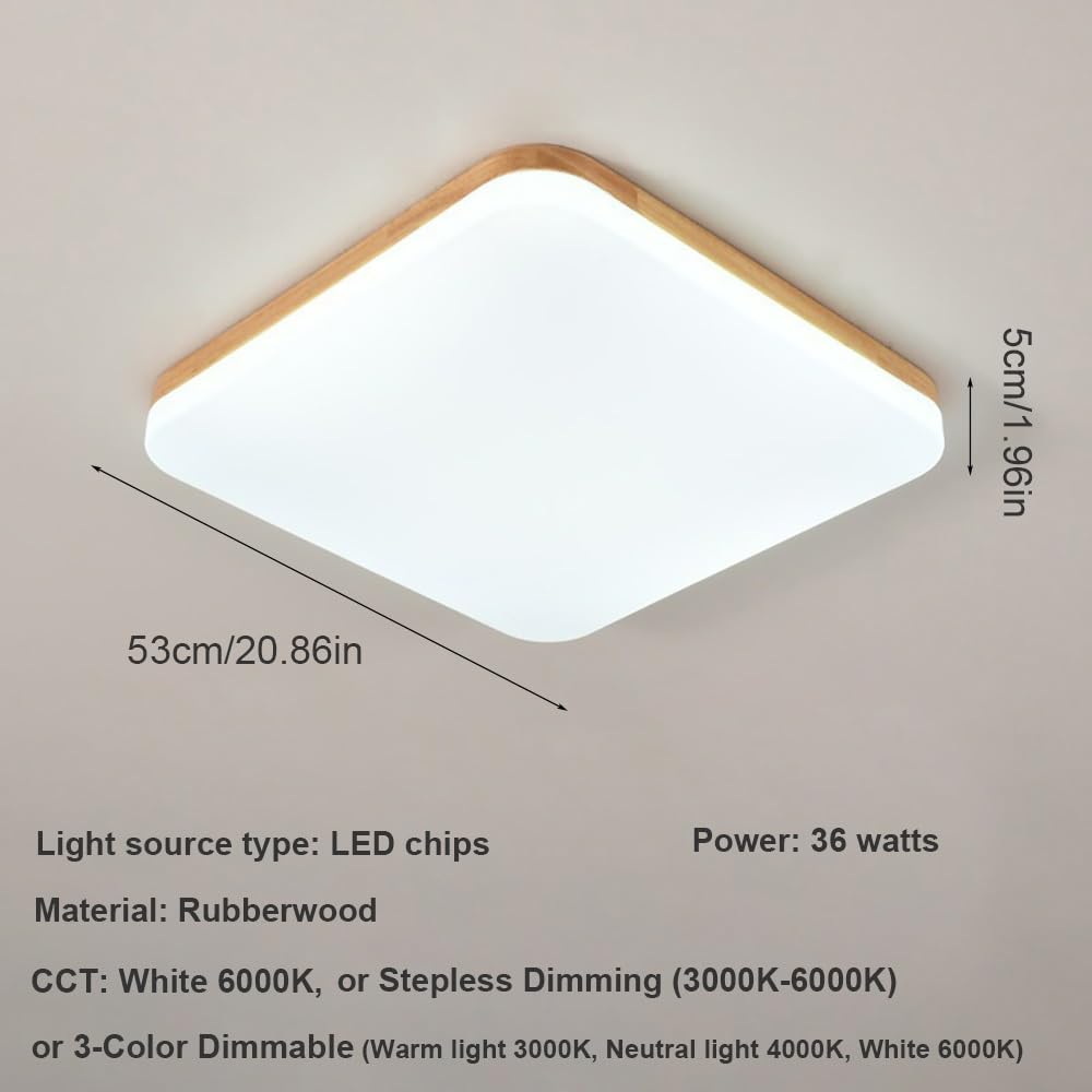 Lampy Sufitowa LED Kwadratowa Drewno Minimalistyczna Ultra Cienka, Plafon Styl Japoński Panel Oświetlenie Sufitowe do Sypialni Gabinetu(3 modes,53cm/20.86in)