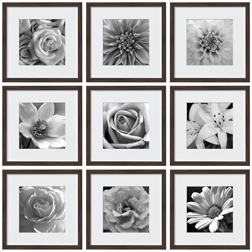 eletecpro 12x12 Picture Frames Set of 9 with Mat for 8x8 Photos or without Mat for 12x12, Square Gallery Wall Decor Collage for Picture Display, Walnut Brown Frame Set for Wall Hanging