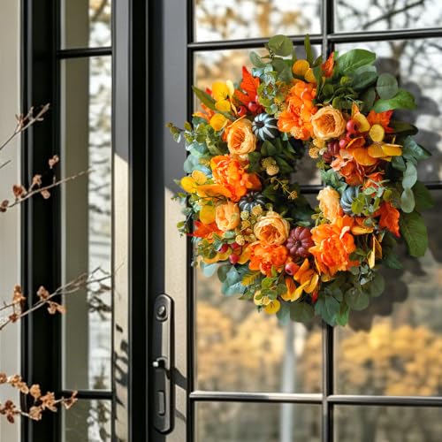 Image of 24 Inch Harvest Fall Wreaths for Front Door Outside with Orange Peony | Artificial Silk Autumn Leaf Wreaths with Realistic Dahlias,Pumpkin,Rustic Farmhouse Thanksgiving Halloween Wall Porch Decor