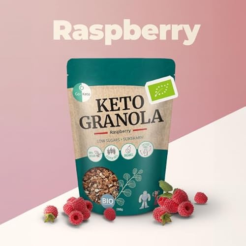 Go-Keto BIO Keto Granola Raspberry 290g – Low Carb Keto Müsli für ein leckeres Keto Frühstück, mit Kokoschips, Nüssen, Früchten, Leinsamen, Sonnenblumenkernen & Kürbiskernen, vegan, glutenfrei