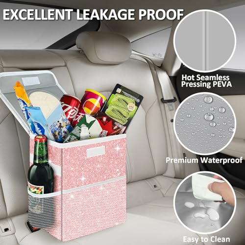 Image of Cute Mini Car Trash Bag with Lid, Glitter Garbage Can Bin Hanging for Back /Front Seat /Console, Waterproof, Leakproof, 2.5 Gallon, Pink Bling Sparkly