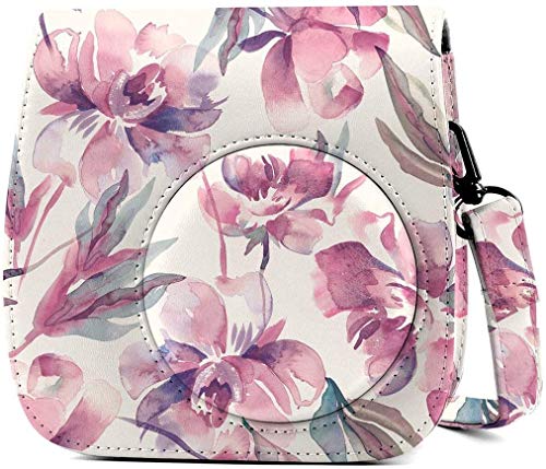 Leebotree Caméra Housse Compatible avec Appareil Photo Instantanés Instax 11, Pochette Appareil Photo Sacoche Rangement Protection Cuir PU Lisse avec Bandoulière et Poche Intégrée (Fleur Rose)