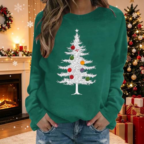 Aymnlox Womens Christmas Tree Sweatshirt Funny Graphic Crewneck Long Sleeve Holiday Pullover Festive Winter Casual Top 2026 plus size christmas blouses Army Green S - image 2