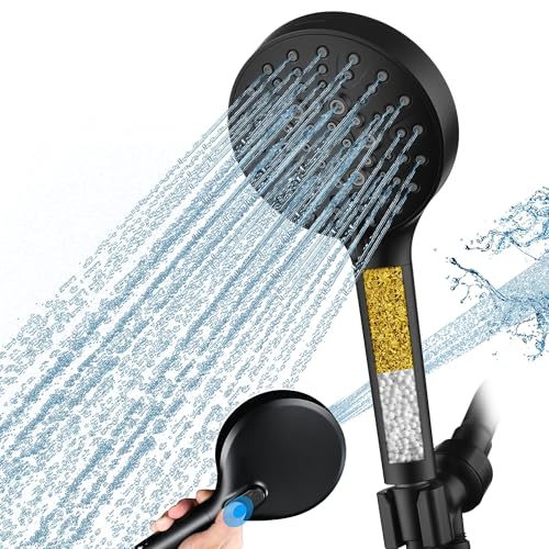 Image of BRIGHT SHOWERS Filtered Shower Head with Handheld, High Pressure 9 Spray Mode Showerhead with Long Hose and Bracket, Water Softener Filters Beads for Hard Water - Removes Chlorine, Matte Black