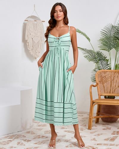 Image of Fashionme Womens Summer Maxi Dresses 2026 Trendy Striped Vacation Boho Beach Spaghetti Strap Sundress Back Tie with Pockets