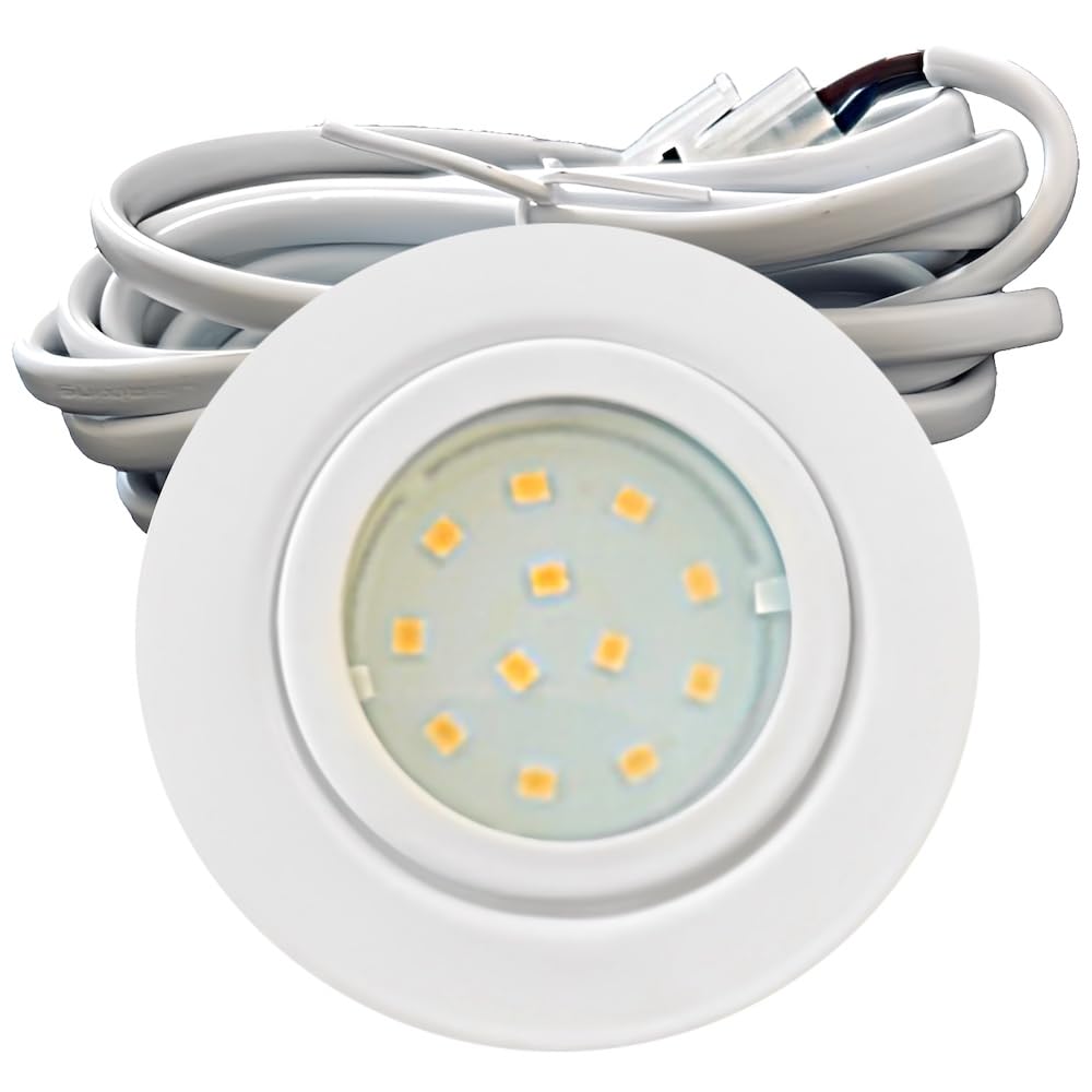 IP44 LED Möbeleinbauleuchte 12V flach 1 x 2,4W Möbelspot New Lina 200lm Weiß inkl. LED Trafo, AMP Verteiler und 230V Zuleitung 3000K Warmweiß Lochausschnitt: 55 bis 60mm