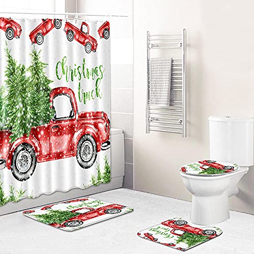 ZDDWLDL 4Pcs Duschvorhänge Set Mit Rutschfesten Teppichen,Toilettendeckel und Badematte Weihnachtsbaumauto Weiß Grün Rot…