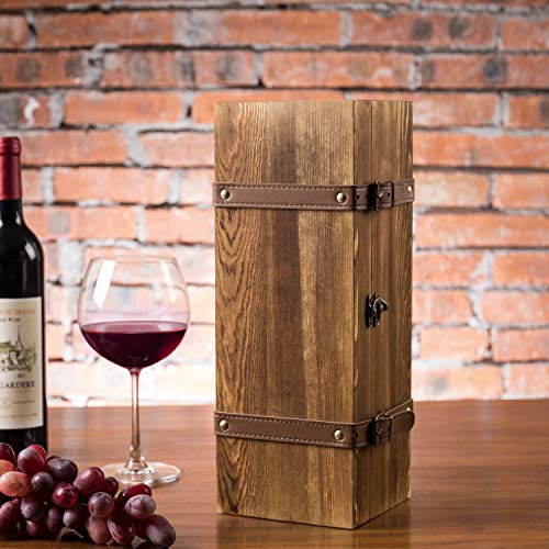 Mygift Vintage Brown Wood Single Wine Bottle Holder Gift Box With Leatherette Buckle Straps And Locking Latch #TOP3