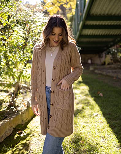 Image of PRETTYGARDEN Womens Cable Knit Button Long Cardigan Sweaters