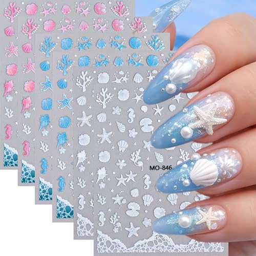 6Pcs Summer Seashell Starfish Nail Art Stickers 5D Embossed Self