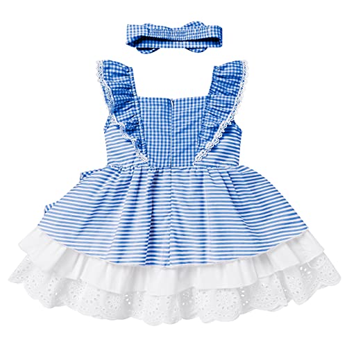 Baby Girl Gingham Dress Lace Flower Girls Ruffle Dress Infant Blue And White Plaid Dress Formal Pageant Bowknot Tutu Cute Princess Striped Dress With Bow Headband Blue Plaid 6-12 Months #TOP5