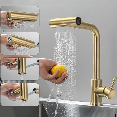 Grifo de cocina dorado antisalpicaduras con flujo cascada LWX 5